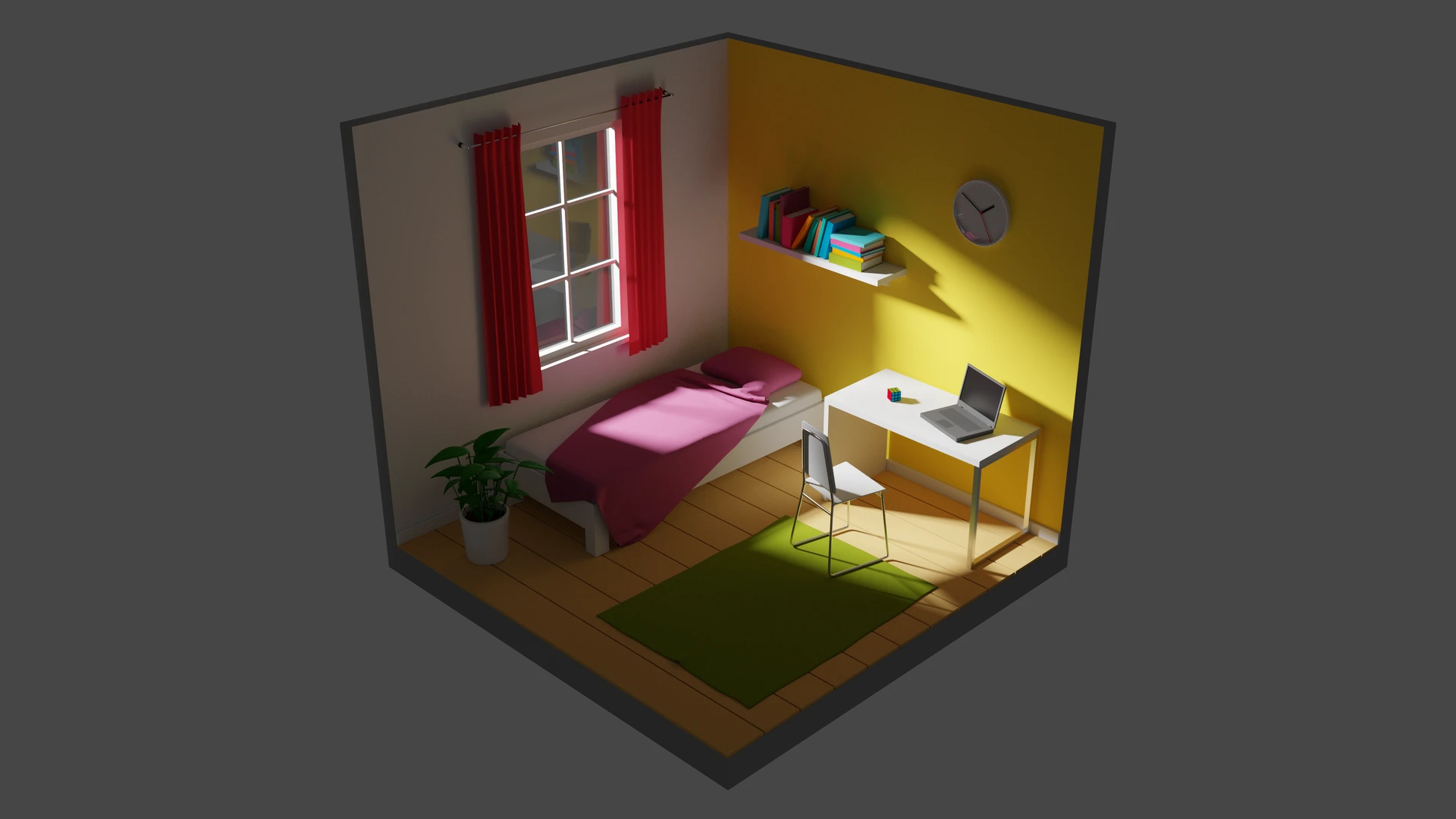 Corner of a bedroom with bed standing along one of the walls. Above the bed is a window with red curtains. Next to the bed stands a desk with a laptop and Rubik's cube on it. Above the desk there is a shelf with books on it and a wall-mounted clock. There are also a chair, plant in a pot and a rug on the floor.
