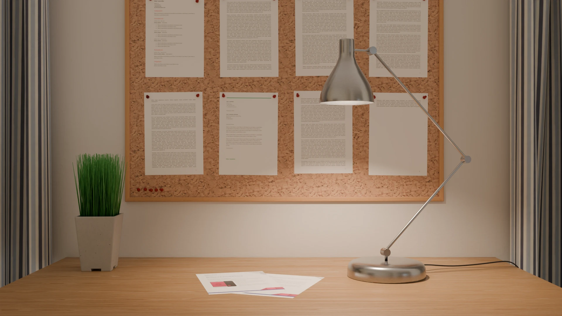 Blender-made image representing a desk-lamp standing on a desk above which there is a cork board with few documents on it. There are white curtains with wide blue vertical stripes visible on both sides of the desk. On the desk there are also a plant pot with artificial grass and few more documents.